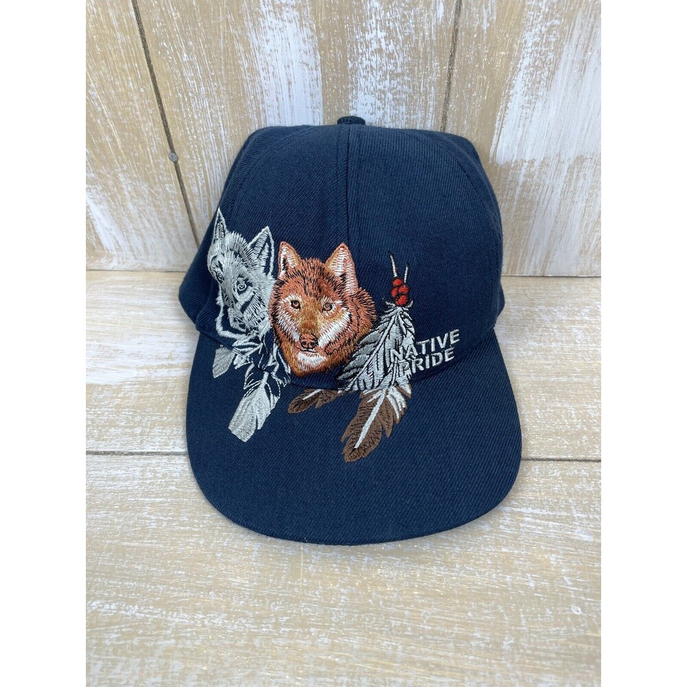 Native Pride Wolf Feathers Embroidered Navy Blue Adjustable Cap Hat